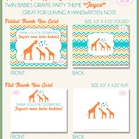 Twins Giraffe Thank You Card Baby Shower Girl Boy Reveal Party Aqua Turquoise Blue Orange Teal Boogie Bear Invitations Joyce Theme Printed
