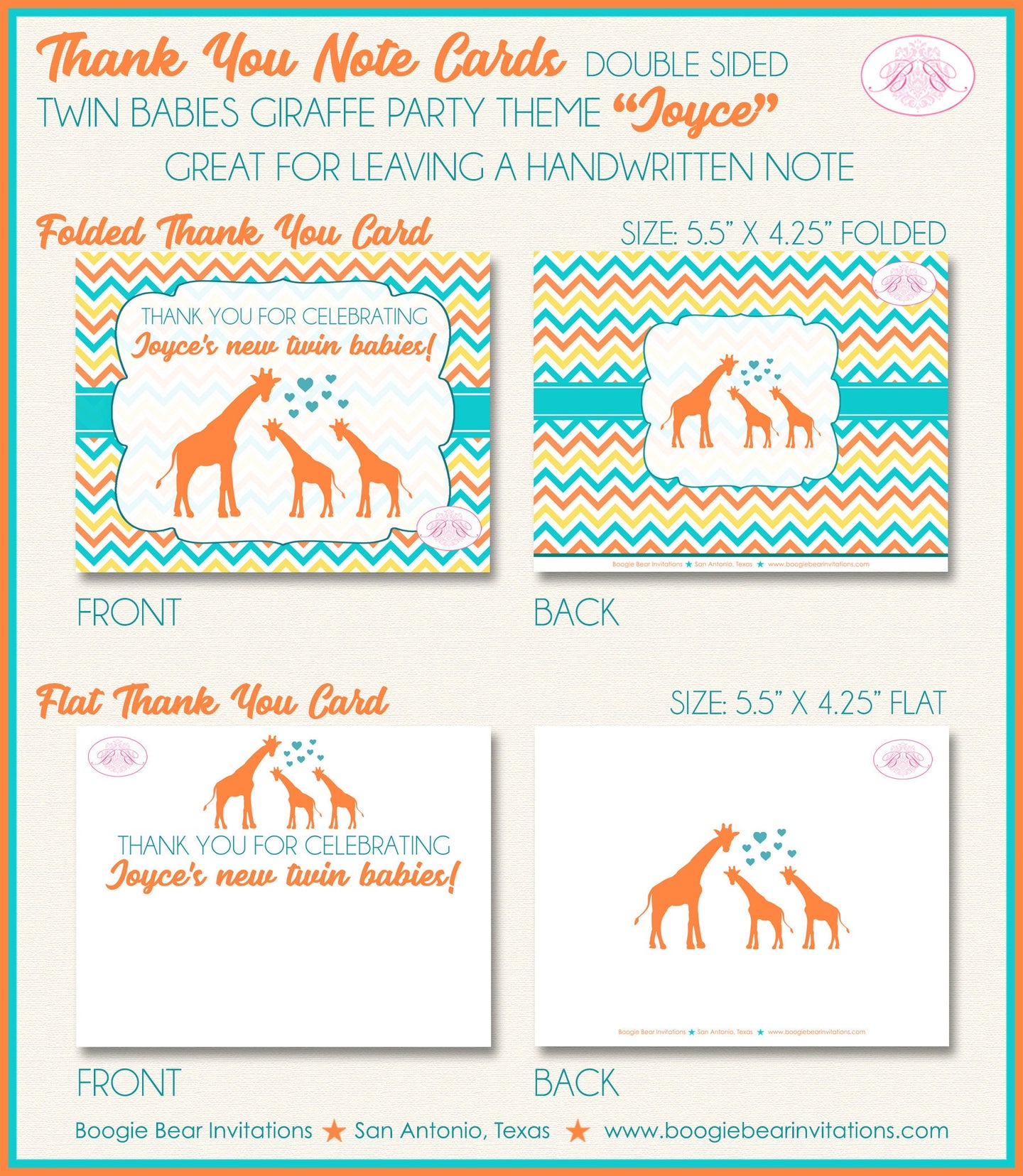Twins Giraffe Thank You Card Baby Shower Girl Boy Reveal Party Aqua Turquoise Blue Orange Teal Boogie Bear Invitations Joyce Theme Printed