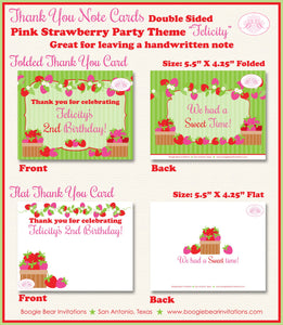 Pink Strawberry Party Thank You Note Card Birthday Red Fruit Picking Green Crate Summer Girl Boogie Bear Invitations Felicity Theme Printed