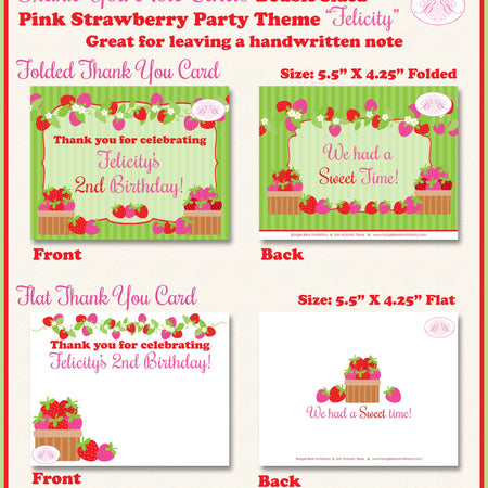 Pink Strawberry Party Thank You Note Card Birthday Red Fruit Picking Green Crate Summer Girl Boogie Bear Invitations Felicity Theme Printed