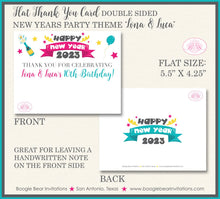 Load image into Gallery viewer, Happy New Years Party Thank You Card Note Tag Birthday Boy Girl Sibling Twins Kids Pink Blue Boogie Bear Invitations Lona Luca Theme Printed