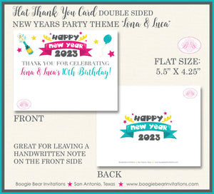 Happy New Years Party Thank You Card Note Tag Birthday Boy Girl Sibling Twins Kids Pink Blue Boogie Bear Invitations Lona Luca Theme Printed