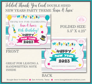 Happy New Years Party Thank You Card Note Tag Birthday Boy Girl Sibling Twins Kids Pink Blue Boogie Bear Invitations Lona Luca Theme Printed
