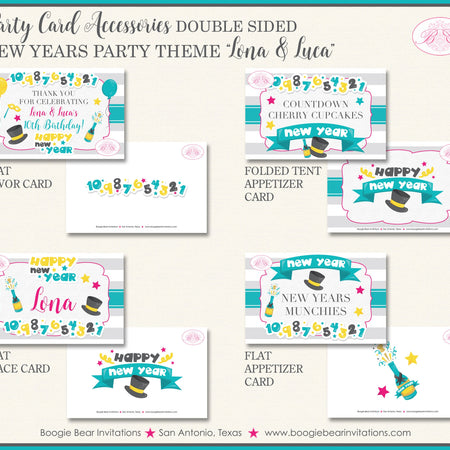 Happy New Years Favor Party Card Tent Place Food Tag Birthday Boy Girl Sibling Twins Kids Pink Blue Boogie Bear Invitations Lona Luca Theme