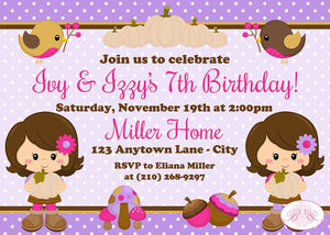 Twin Girl Woodland Birthday Party Invitation Fall Autumn Thanksgiving Boogie Bear Invitations Ivy & Izzy Theme Paperless Printable Printed