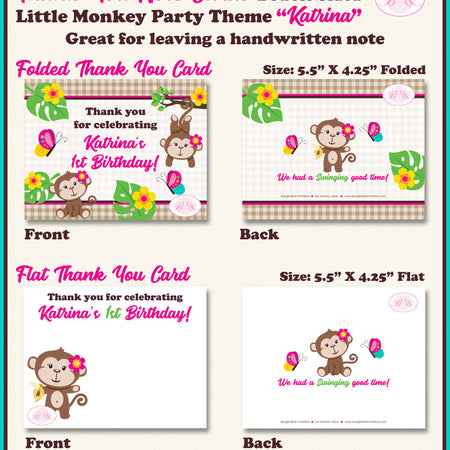 Pink Monkey Party Thank You Card Birthday Amazon Tropical Rainforest Jungle Garden Girl Zoo Boogie Bear Invitations Katrina Theme Printed