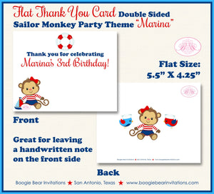 Sailor Monkey Girl Party Thank You Cards Birthday Nautical Boat Red Blue Sail Ocean Swimming Boogie Bear Invitations Marina Theme Printed