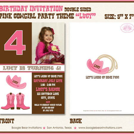 Pink Cowgirl Photo Party Invitation Birthday Girl Brown Country Horse Boots Boogie Bear Invitations Lucy Theme Paperless Printable Printed