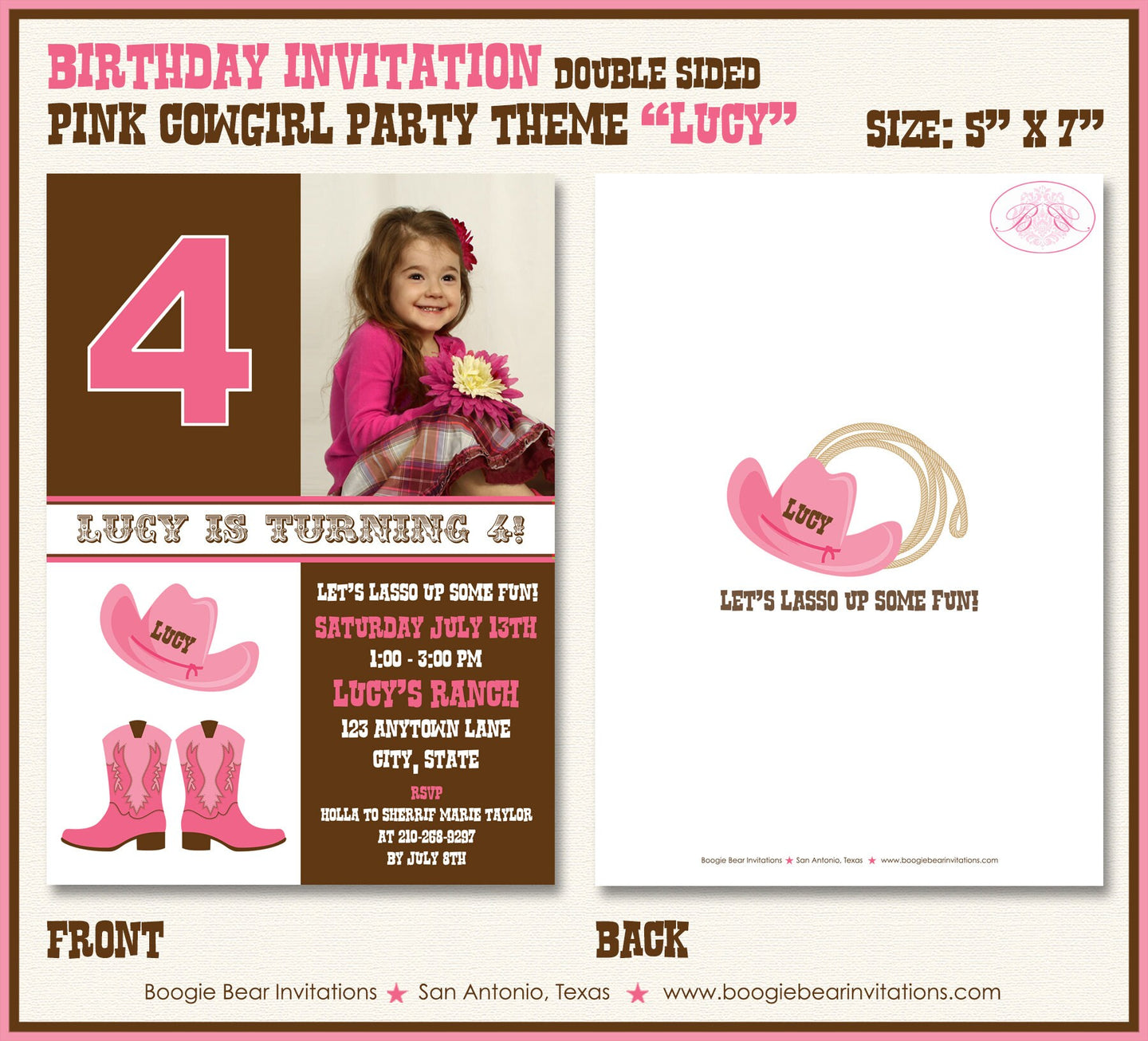 Pink Cowgirl Photo Party Invitation Birthday Girl Brown Country Horse Boots Boogie Bear Invitations Lucy Theme Paperless Printable Printed