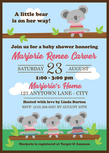 Koala Bear Baby Shower Invitation Pink Girl Aussie Down Under Green Brown Boogie Bear Invitations Marjorie Theme Paperless Printable Printed