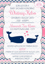 Load image into Gallery viewer, Pink Grey Whale Baby Shower Invitation Girl Grey Navy Blue Chevron Pool Boogie Bear Invitations Whitney Theme Paperless Printable Printed