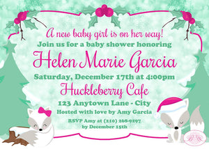 Woodland Holiday Fox Baby Shower Invitation Winter Christmas Snow Pink Girl Boogie Bear Invitations Helen Theme Paperless Printable Printed