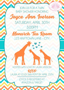 Twin Baby Giraffe Shower Party Invitation Boy Girl Silhouette Orange Aqua Boogie Bear Invitations Joyce Theme Paperless Printable Printed
