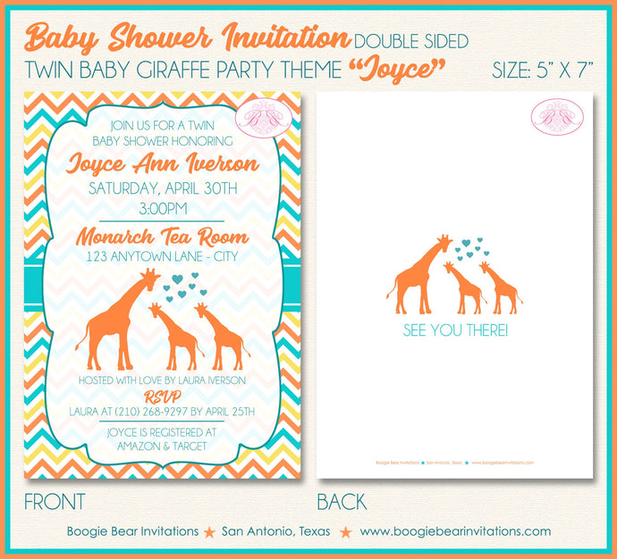 Twin Baby Giraffe Shower Party Invitation Boy Girl Silhouette Orange Aqua Boogie Bear Invitations Joyce Theme Paperless Printable Printed