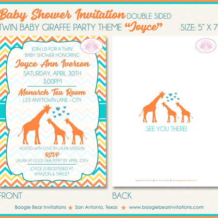 Twin Baby Giraffe Shower Party Invitation Boy Girl Silhouette Orange Aqua Boogie Bear Invitations Joyce Theme Paperless Printable Printed
