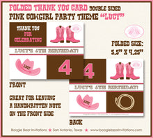 Load image into Gallery viewer, Pink Cowgirl Party Thank You Card Birthday Girl Brown Country Horse Boots Farm Country Rodeo Hat Boogie Bear Invitations Lucy Theme Printed