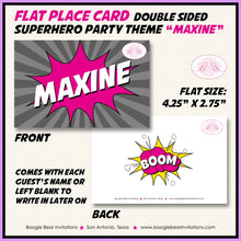 Load image into Gallery viewer, Pink Superhero Birthday Favor Party Card Tent Place Food Tag Super Hero Cityscape Skyline Retro Girl Boogie Bear Invitations Maxine Theme