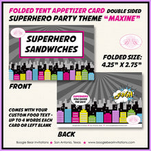 Load image into Gallery viewer, Pink Superhero Birthday Favor Party Card Tent Place Food Tag Super Hero Cityscape Skyline Retro Girl Boogie Bear Invitations Maxine Theme