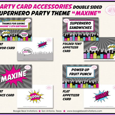 Pink Superhero Birthday Favor Party Card Tent Place Food Tag Super Hero Cityscape Skyline Retro Girl Boogie Bear Invitations Maxine Theme