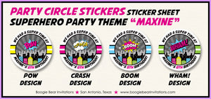 Pink Superhero Birthday Party Stickers Circle Sheet Round Super Hero Girl Skyline Comic Retro Boom Wham Boogie Bear Invitations Maxine Theme