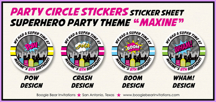 Pink Superhero Birthday Party Stickers Circle Sheet Round Super Hero Girl Skyline Comic Retro Boom Wham Boogie Bear Invitations Maxine Theme