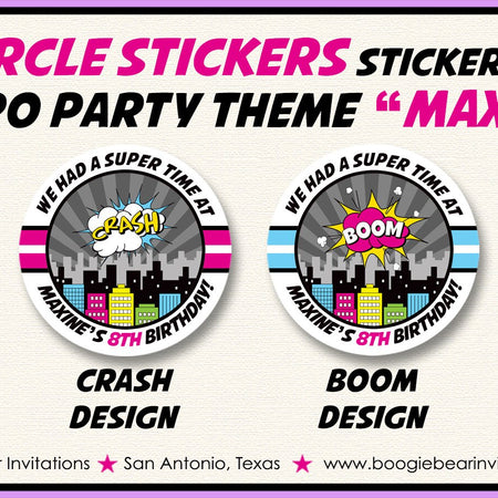 Pink Superhero Birthday Party Stickers Circle Sheet Round Super Hero Girl Skyline Comic Retro Boom Wham Boogie Bear Invitations Maxine Theme