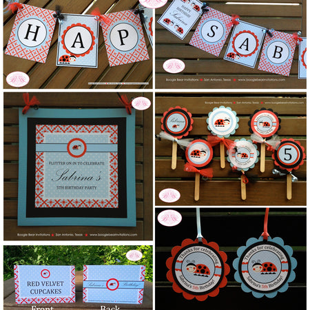 Red Ladybug Birthday Party Package Girl Little Lady Bug Blue Black Picnic Country Picnic Garden Summer Boogie Bear Invitations Sabrina Theme