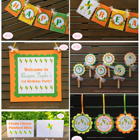 Pinwheel Birthday Party Package Orange Green Yellow Retro Boy Girl Breezy Garden Picnic Outdoor Summer Boogie Bear Invitations Reagan Theme