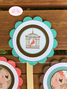 Garden Birds Birthday Party Package Woodland Birdcage Cage Flower Forest Coral Aqua Teal Blue Birdcage Boogie Bear Invitations Coralee Theme