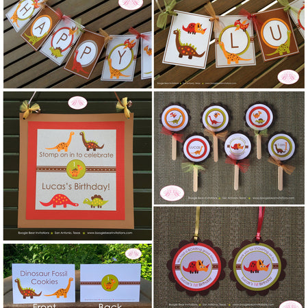 Dinosaur Birthday Party Package Boy Girl Stomp Roar Triceratops Brontosaurus Stegosaurus Pterodactyl 1st Boogie Bear Invitations Lucas Theme