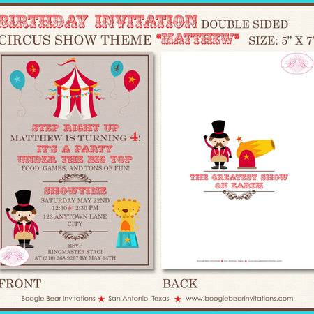 Big Top Circus Birthday Party Invitation Animals Boy Girl Showman Clown Boogie Bear Invitations Matthew Theme Paperless Printable Printed
