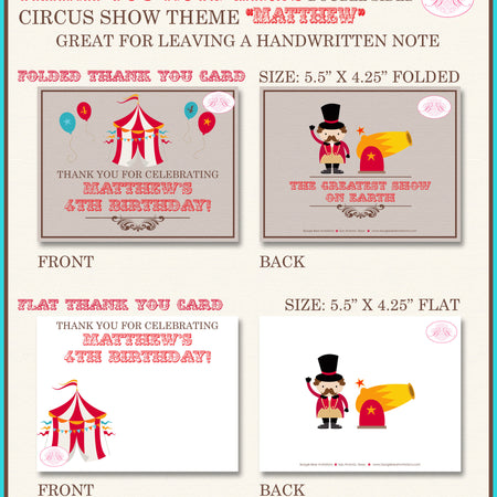 Big Top Circus Birthday Party Thank You Card Animals Boy Girl Showman Greatest Show Earth Tent Boogie Bear Invitations Matthew Theme Printed
