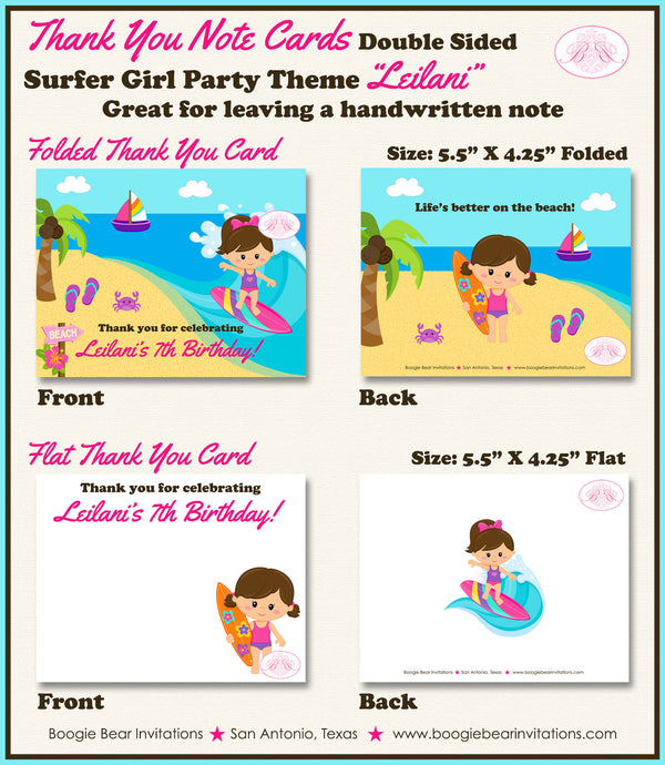 Surfer Girl Birthday Party Thank You Card Beach Swimming Pink Surf Surfing Swim Ocean Pool Boogie Bear Invitations Leilani Theme Printed
