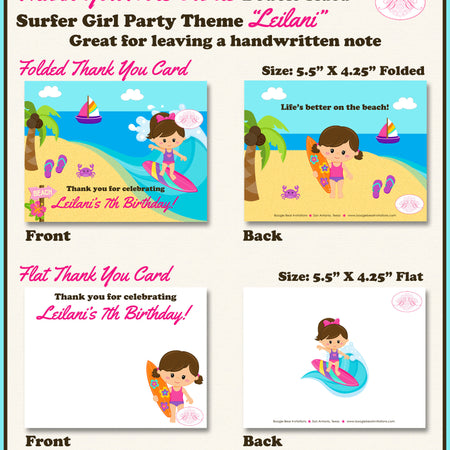 Surfer Girl Birthday Party Thank You Card Beach Swimming Pink Surf Surfing Swim Ocean Pool Boogie Bear Invitations Leilani Theme Printed