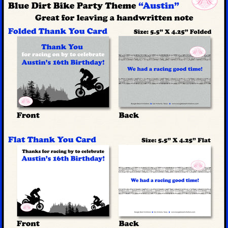 Dirt Bike Birthday Party Thank You Card Blue Black Enduro Motocross Racing Race Track Boy Girl Boogie Bear Invitations Austin Theme Printed