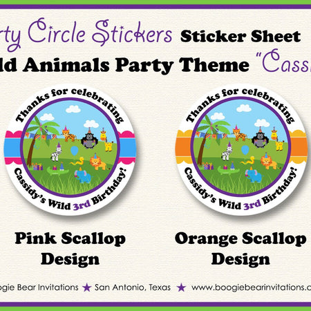Jungle Animals Birthday Party Stickers Circle Sheet Round Wild Zoo Safari Exotic Rain Forest Boy Girl Boogie Bear Invitations Cassidy Theme