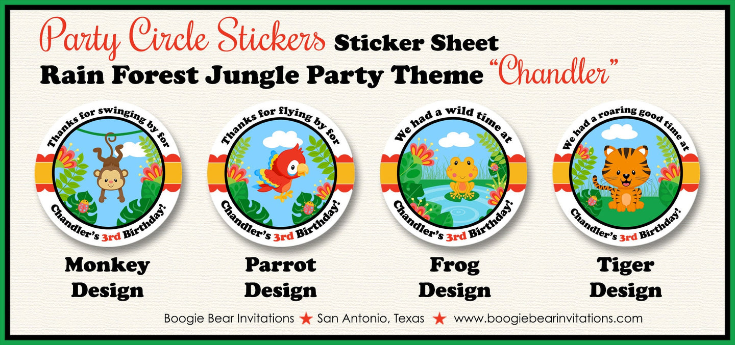 Rain Forest Jungle Birthday Party Stickers Circle Sheet Animals Rainforest Wild Zoo Amazon Boy Girl Boogie Bear Invitations Chandler Theme