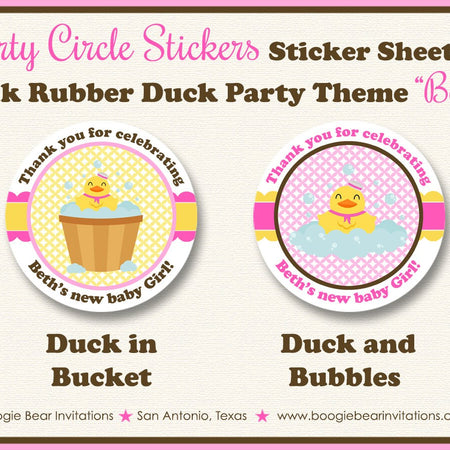 Yellow Rubber Duck Baby Shower Party Stickers Circle Sheet Round Little Duckie Ducky Girl Light Pink Tub Boogie Bear Invitations Beth Theme