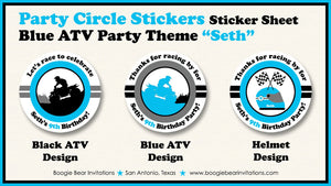 Blue ATV Birthday Party Stickers Circle Sheet Round Girl Boy Black All Terrain Vehicle Quad 4 Wheeler Tag Boogie Bear Invitations Seth Theme