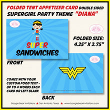 Load image into Gallery viewer, Super Girl Birthday Party Favor Card Tent Appetizer Place Tag Superhero Supergirl Hero Red Yellow Comic Boogie Bear Invitations Diana Theme