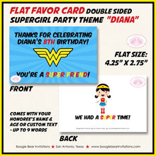 Load image into Gallery viewer, Super Girl Birthday Party Favor Card Tent Appetizer Place Tag Superhero Supergirl Hero Red Yellow Comic Boogie Bear Invitations Diana Theme