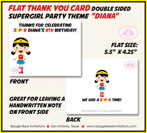 Super Girl Birthday Party Thank You Card Superhero Supergirl Comic Red Yellow Blue Hero Friends Boogie Bear Invitations Diana Theme Printed