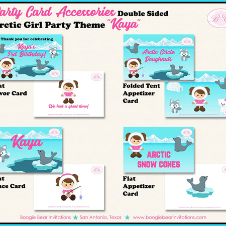 Girl Eskimo Favor Birthday Party Card Tent Place Food Tag Appetizer Seal Bear Wolf Arctic Tundra Winter Boogie Bear Invitations Kaya Theme
