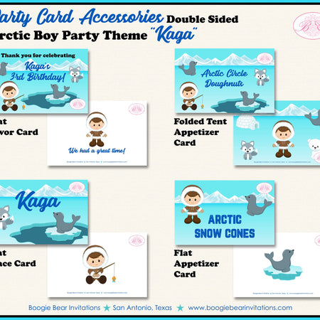 Boy Eskimo Favor Birthday Party Card Tent Place Food Tag Appetizer Seal Bear Wolf Arctic Tundra Winter Boogie Bear Invitations Kaga Theme