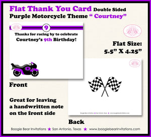 Purple Motorcycle Party Thank You Card Birthday Racing Girl Enduro Motocross Race Track Black Boogie Bear Invitations Courtney Theme Printed