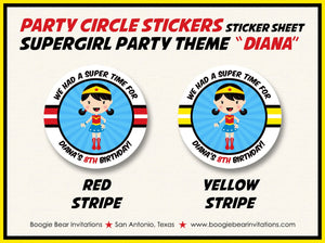 Super Girl Birthday Party Stickers Circle Sheet Round Tag Superhero Supergirl Comic Red Yellow Blue Hero Boogie Bear Invitations Diana Theme