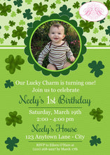 Load image into Gallery viewer, Green Shamrock Birthday Party Invitation Photo Girl Boy Clover Boogie Bear Invitations Neely Theme Paperless Printable Printed