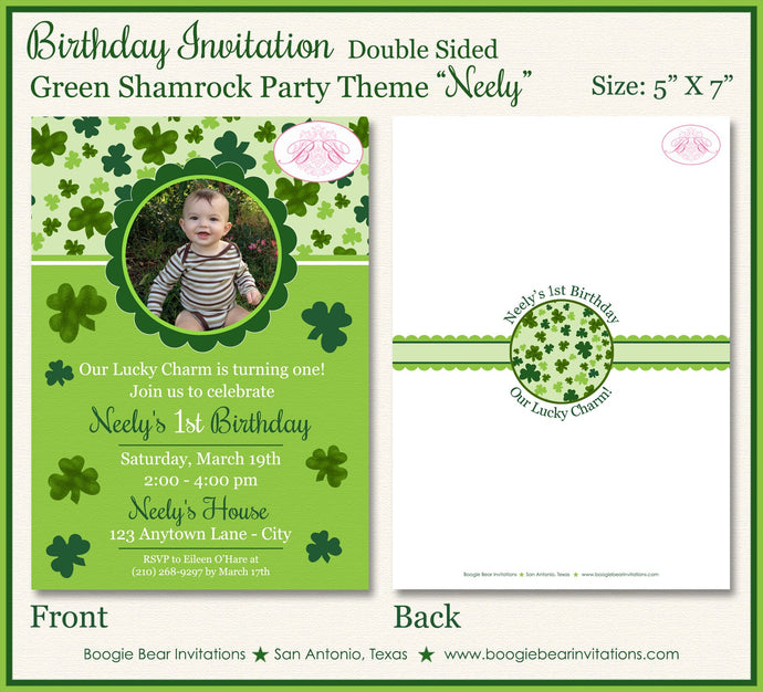 Green Shamrock Birthday Party Invitation Photo Girl Boy Clover Boogie Bear Invitations Neely Theme Paperless Printable Printed