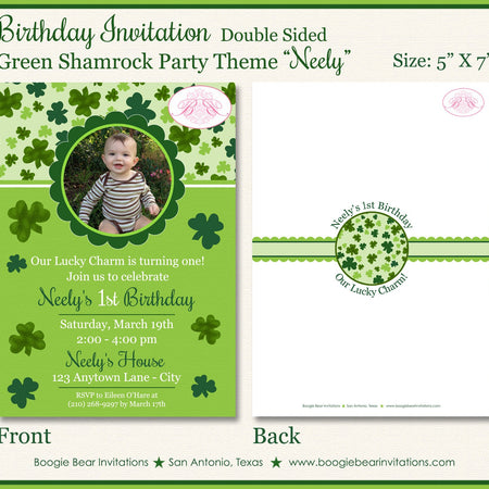 Green Shamrock Birthday Party Invitation Photo Girl Boy Clover Boogie Bear Invitations Neely Theme Paperless Printable Printed