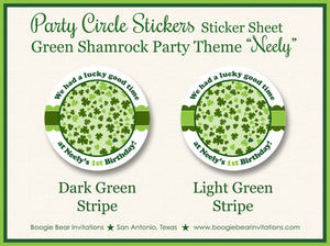 Green Shamrock Birthday Party Stickers Circle Sheet Round Girl Boy Favor St. Patrick's Day Lucky Charm Boogie Bear Invitations Neely Theme